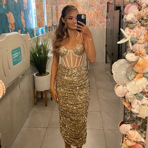 WORN ONCE Gold sequin corset midlength dress